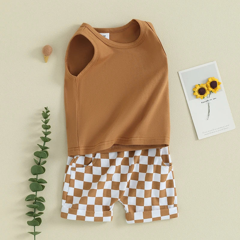 2023-12-09 lioraitiin Summer Baby Boy Clothes Solid Sleeveless Tank Top Checkered Shorts 2Pcs Outfit Set