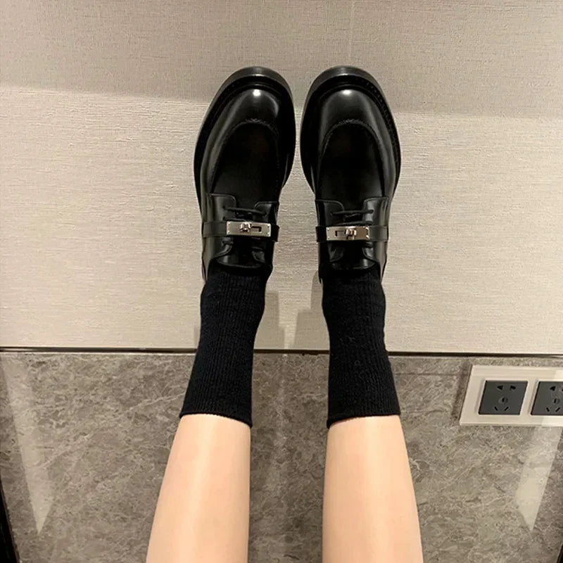 Office Career Women Pumps PU Spring New British Retro Metal Buckle Thick Bottom JK Flat Bottom Small Leather ShoesWoman Shoe