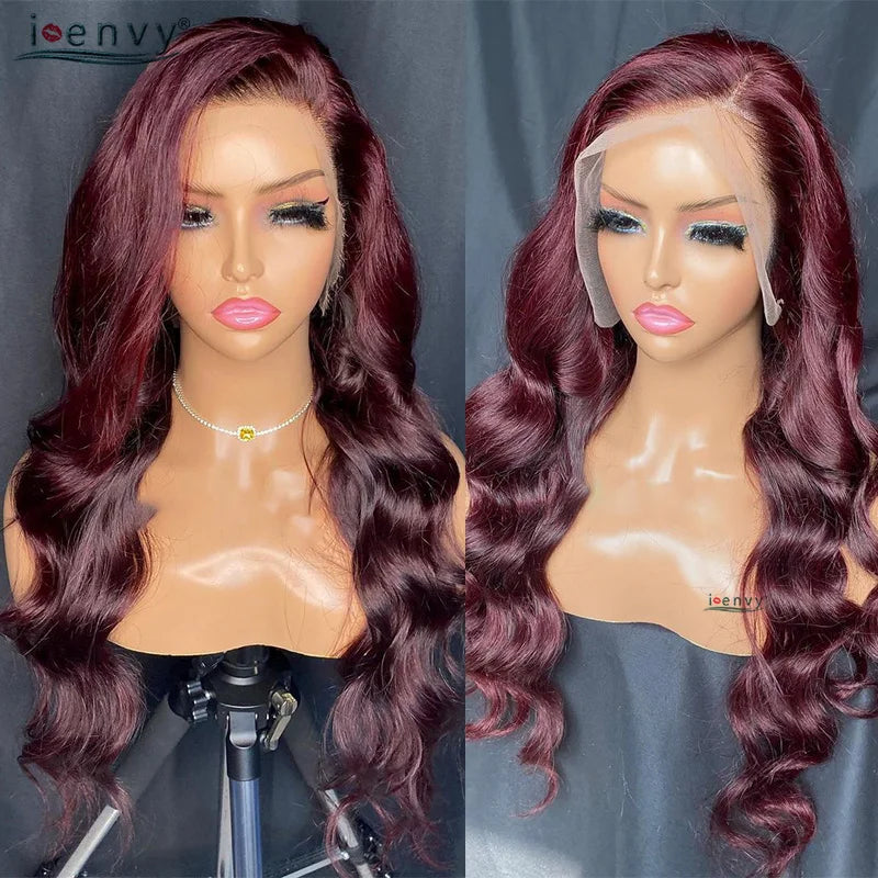 13X4 HD Transparent Lace Front Wigs Burgundy Red Human Hair Wigs PrePlucked 13X6 32Inch Body Wave Lace Front Wig For Women Curly