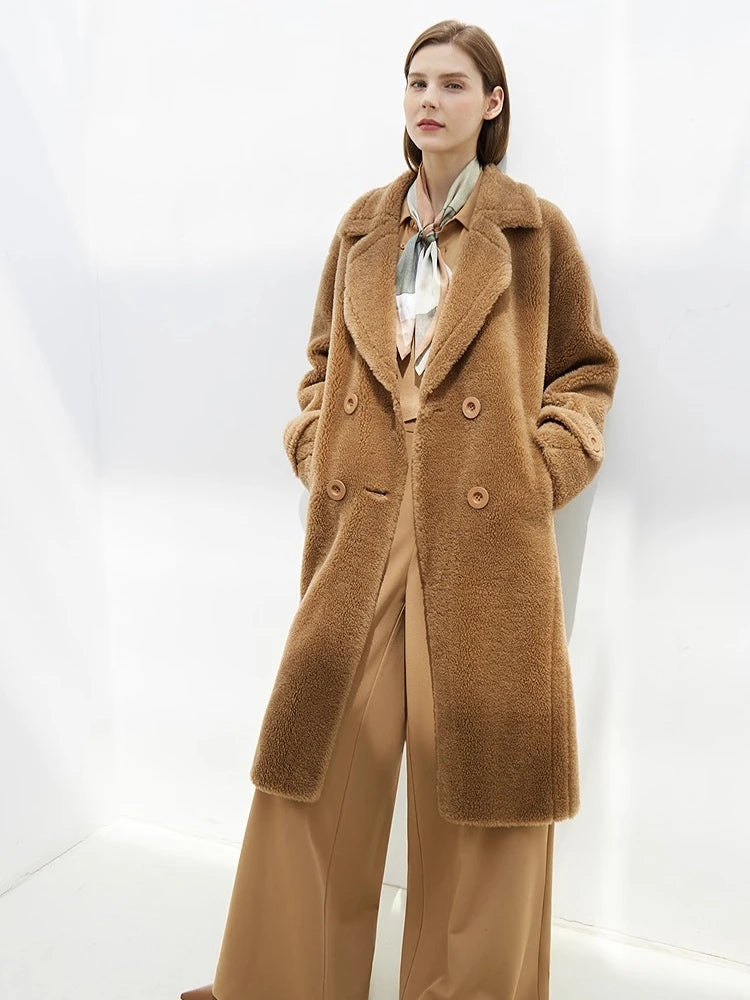 Amii Fur Coat 2025 Winter New Warm Office Lady Turn-Down Collar Full Wool Outerwears Straight Double-breasted Coat 12554013