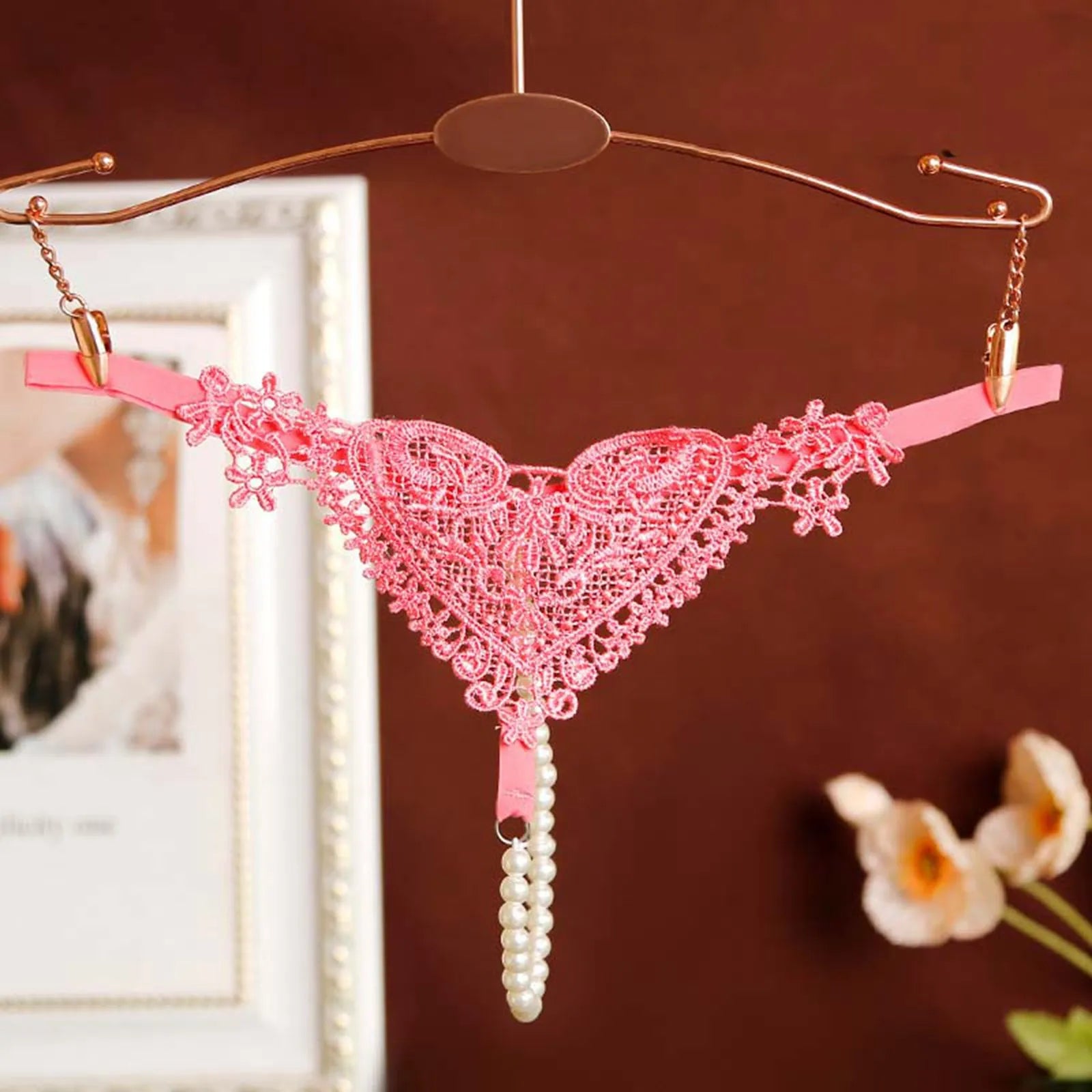 Seamless Crotchless Underwear Women Erotic Floral Embroidered Beading Sexy Lingeries Female Lace Hollow Out Pearl Panties