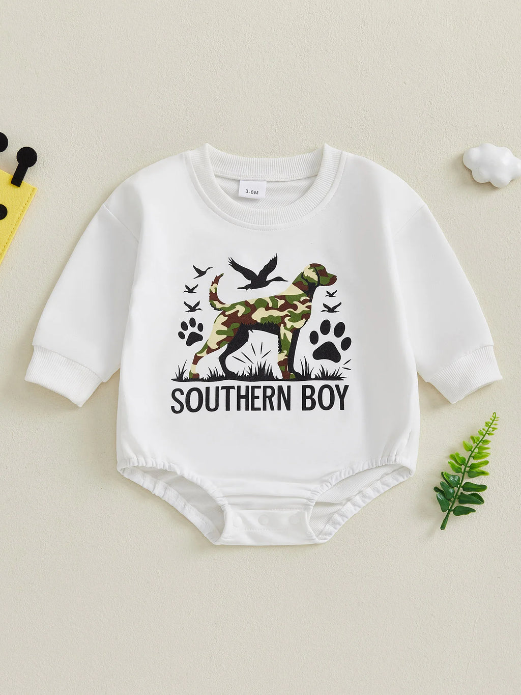 2025-05-05 Lioraitiin Newborn Baby Boy Romper Long Sleeve Round Neck Camo Dog Print Bodysuit Fall Playsuit