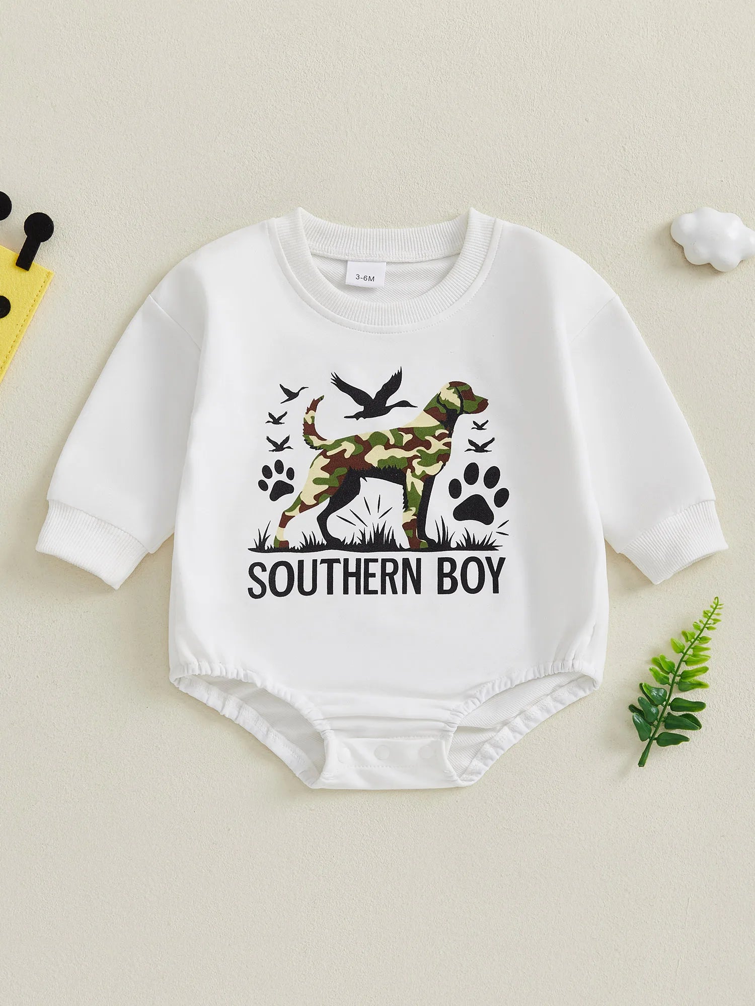 2025-05-05 Lioraitiin Newborn Baby Boy Romper Long Sleeve Round Neck Camo Dog Print Bodysuit Fall Playsuit