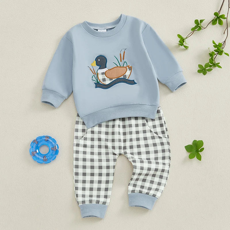 2024-09-13 Lioraitiin Toddler Baby Boy Girl Duck Clothes Long Sleeve Sweatshirt Plaid Elastic Waist Long Pants Outfit