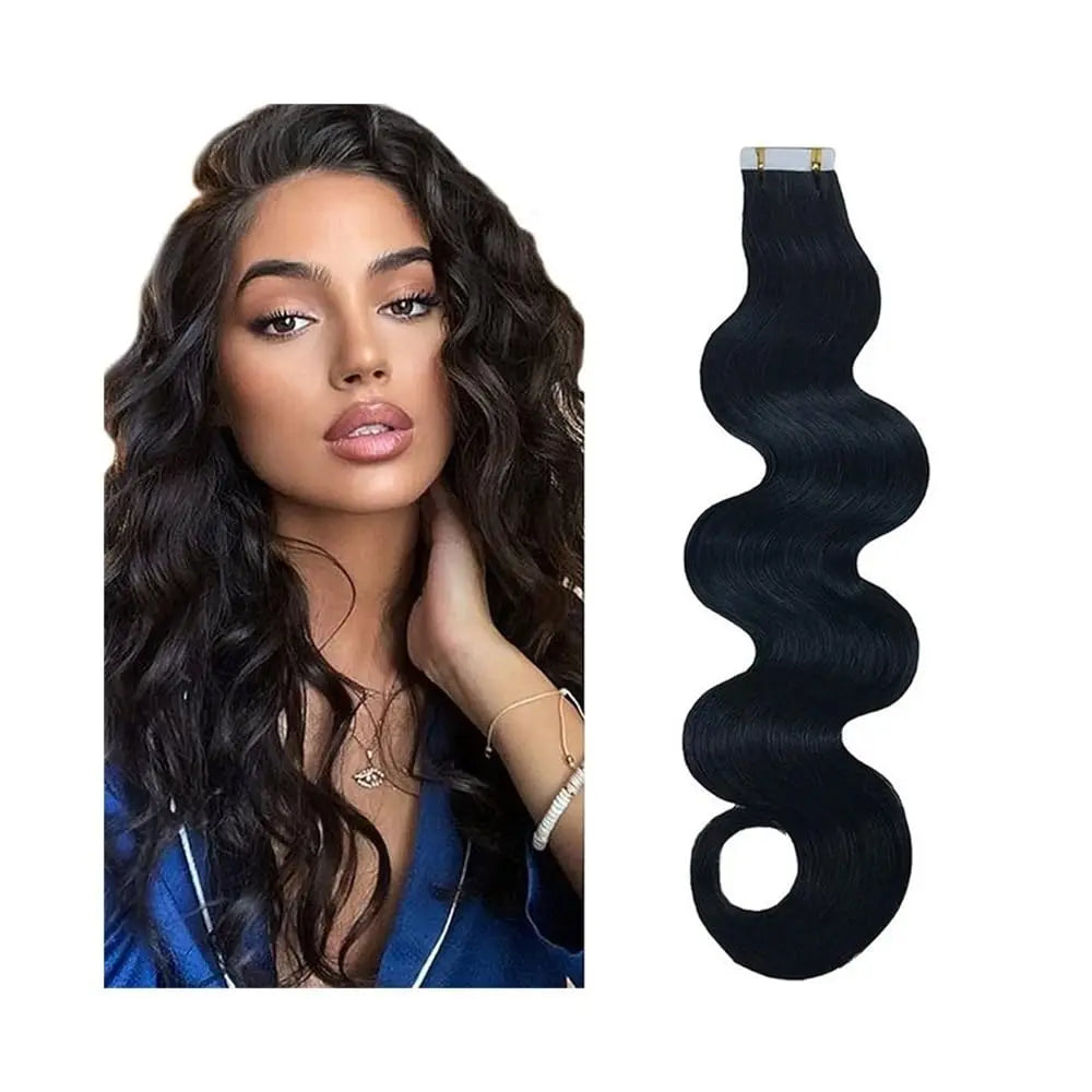 Body Wave Tape in Hair Extensions 100% Real Human Hair Extensions #1B Natural Black Invisible Tape in Hair Extensions 20pcs 26in