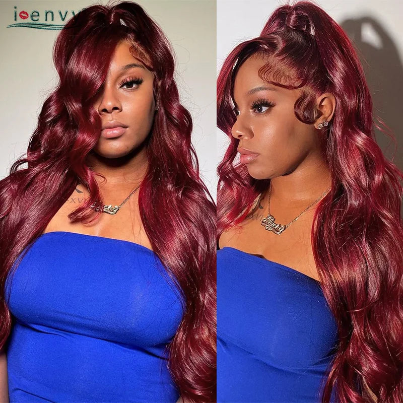 13X4 HD Transparent Lace Front Wigs Burgundy Red Human Hair Wigs PrePlucked 13X6 32Inch Body Wave Lace Front Wig For Women Curly