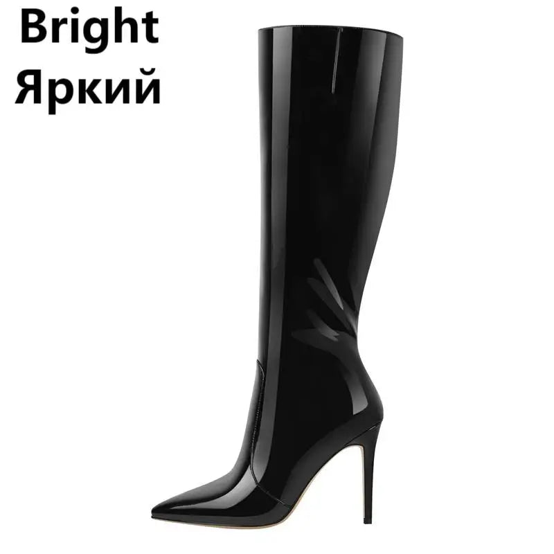 Onlymaker Pointed Toe Knee High Boots Stiletto High Heels Soft PU Leather Flock Concise Side Zipper Big Size Fashion Boots