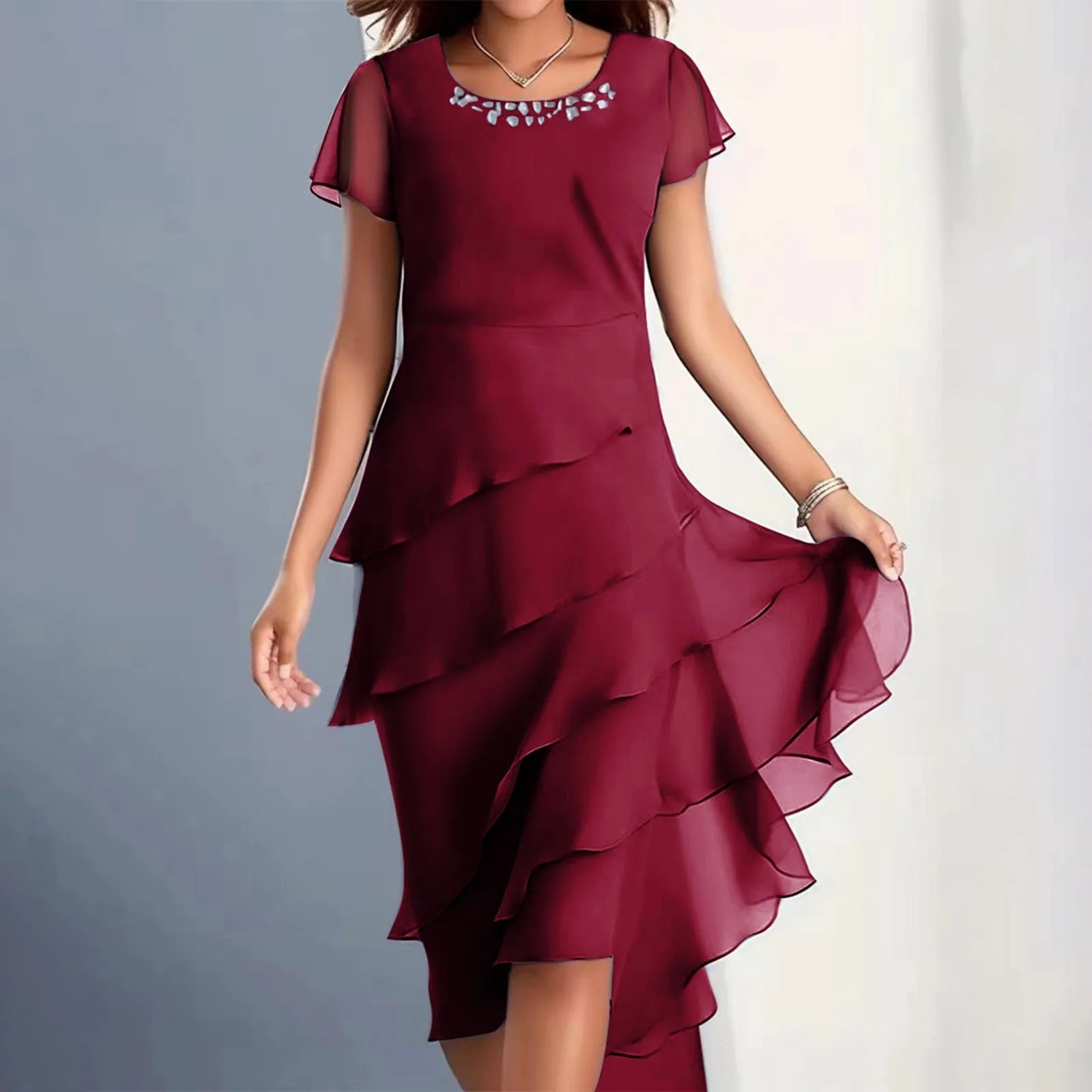 sexy chiffon puff short sleeve u neck midi dress elegant tierred layered slim fit summer dress stylish cocktail party dress