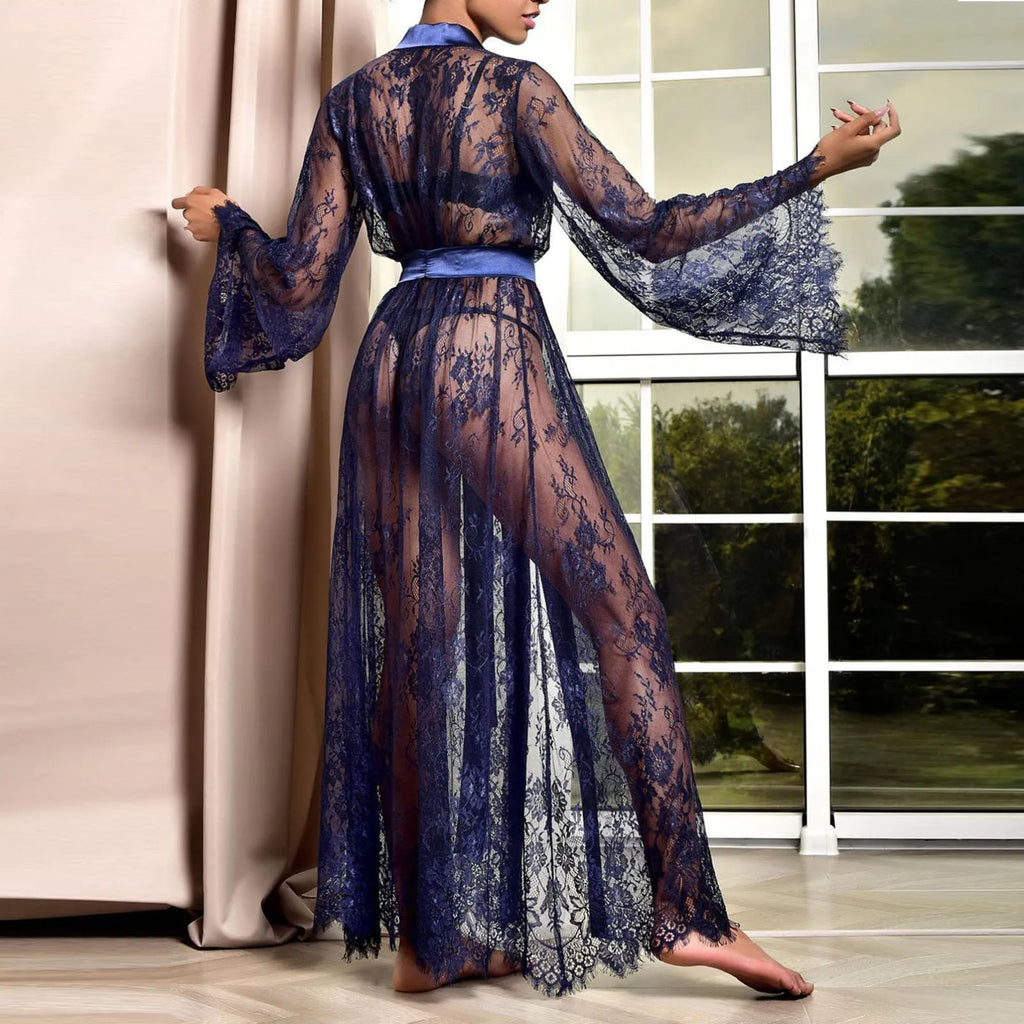 Women Nightgown Mesh See Through Nightdress Sexy Lingerie Lace Long Night Robe Gown Set Thong Long Sleeve Exotic Babydoll Dress