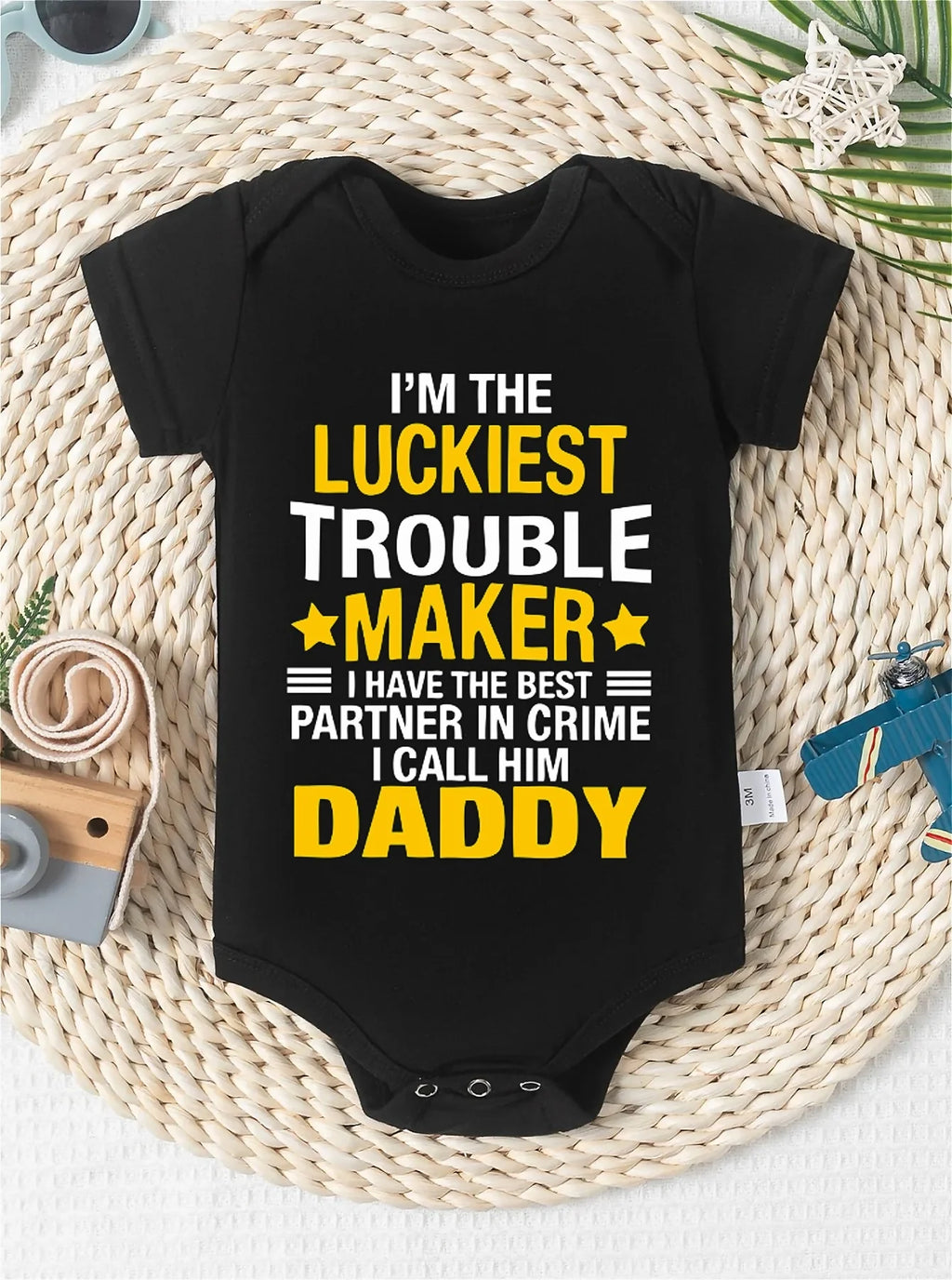 Baby Bodysuit Summer Crew Neck Fit Short Sleeve Infant Romper with Alphabet Print "I'm The Luckiest Trouble Maker", for Outdoor