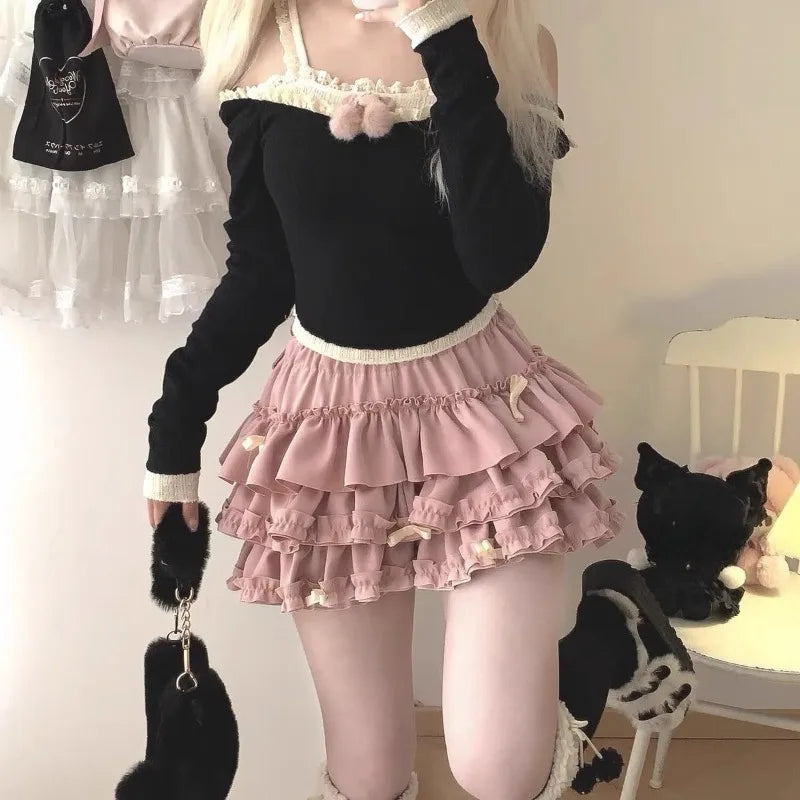 2026 Summer New Versatile Women's Clothing Blue Bow Lace Cake Tutu Mini Skirt Kawaii Pink Sweet Cute Thin A-line Skirts Ladies
