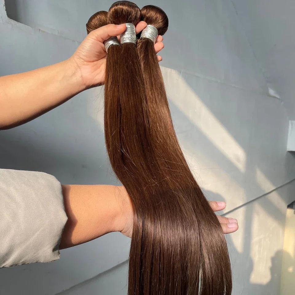 Straight #4 Chocolate Brown Raw Virgin Human Hair Weave Bundles 1/3/4Pcs Indian Bone Straight Extension For Women Sale Clearance
