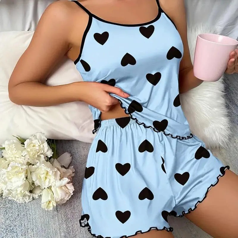 Ice Silk Pajamas for Women, Cute Heart Print Short Sleeve Sleepwear Set, Cool & Breathable for Hot Summer Nights pijama