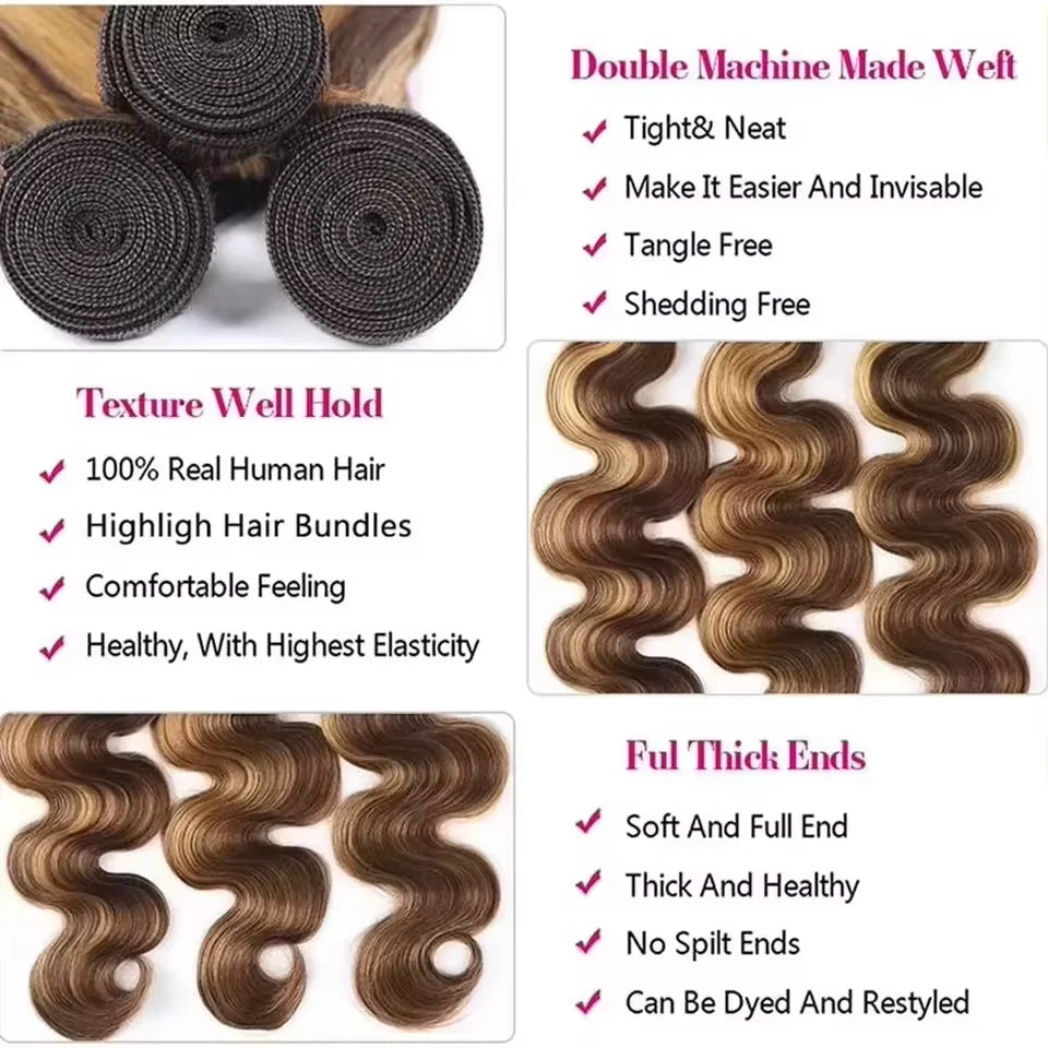 14A Highlight Ombre Body Wave Bundles Human Hair 100% Unprocessed Brazilian Colored 1 3 4 Pcs Raw Hair Bundles Weave Extensions