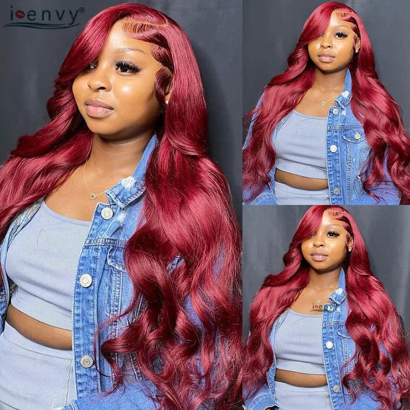 13X4 HD Transparent Lace Front Wigs Burgundy Red Human Hair Wigs PrePlucked 13X6 32Inch Body Wave Lace Front Wig For Women Curly
