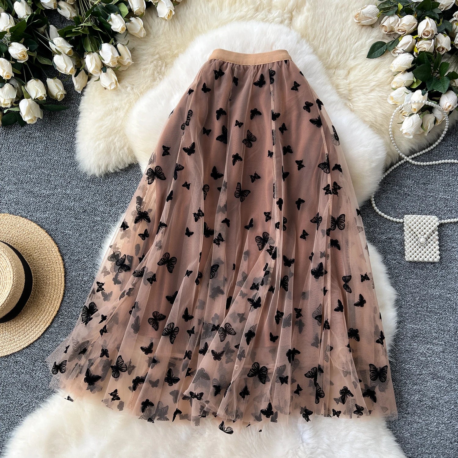SINGREINY 2024 High Qulaity Embroidery Long Skirt Ladies Elastic Waist Butterfly Print Streetwear A Line Loose Mesh Party Skirt