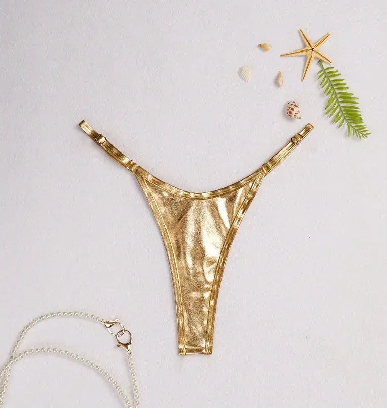 Women Adjustable Strap Thong Lady Briefs Panties G-string Glossy Triangle Shape Solid Color Elastic Mid Waist Ladies Underpants