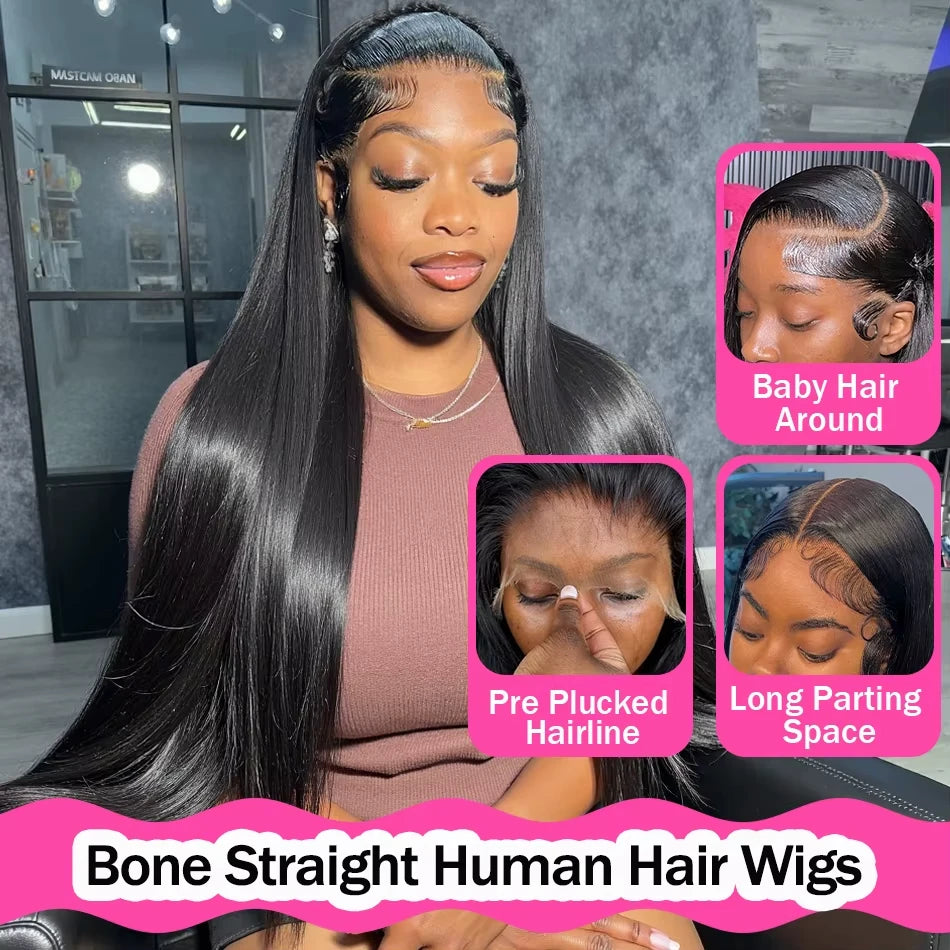 210 Density Bone Straight Human Hair Wig 360 Full Lace Front Wig 40 Inch Pre Plucked Brazilian 13x6 Lace Frontal Wig For Women