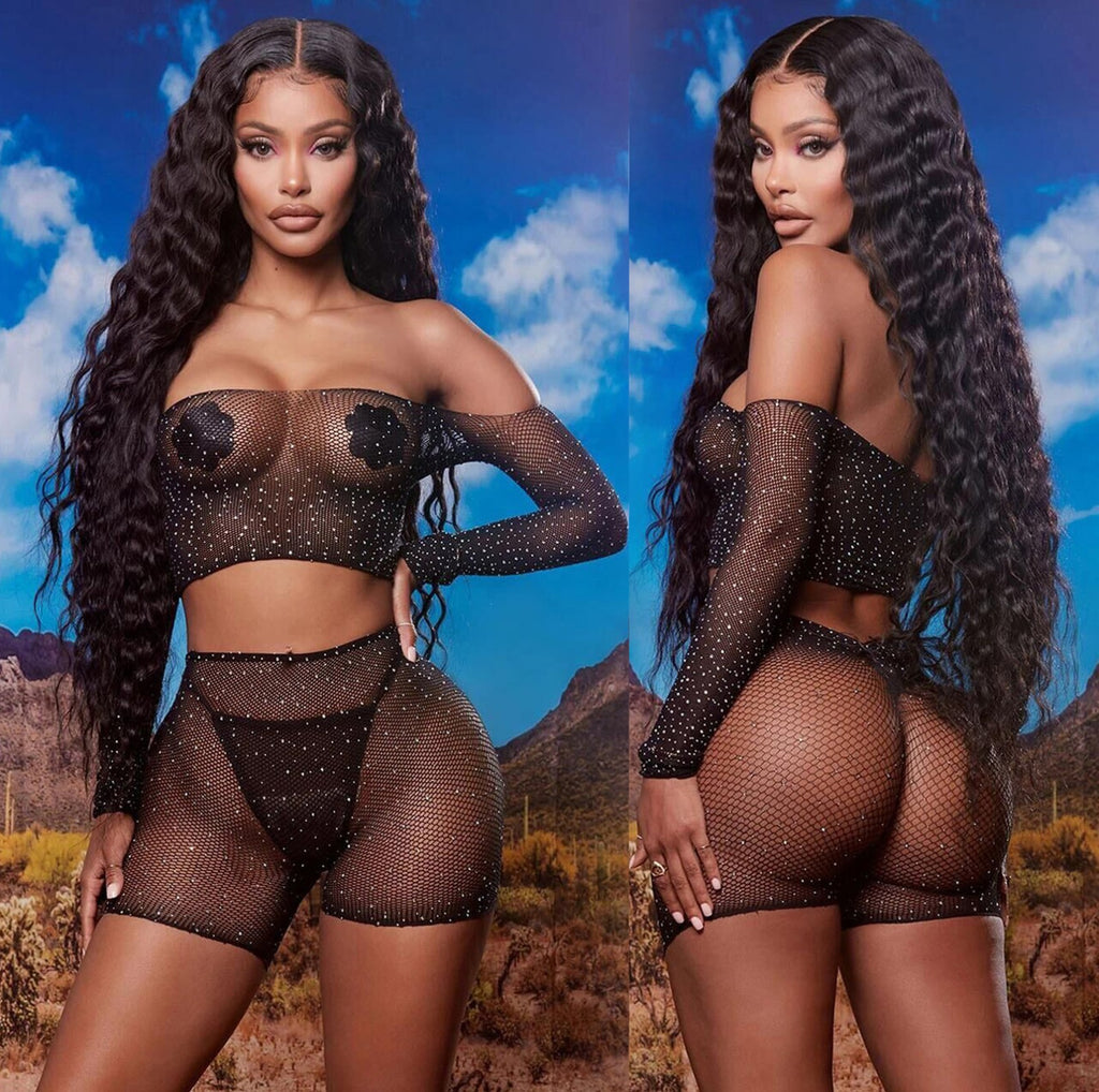 Sheer Rhinestone Sexy Mesh Lingerie Set For Fine Women Outfit Lace Transparent Tops Shorts Crotch Fishnet Lingerie Set