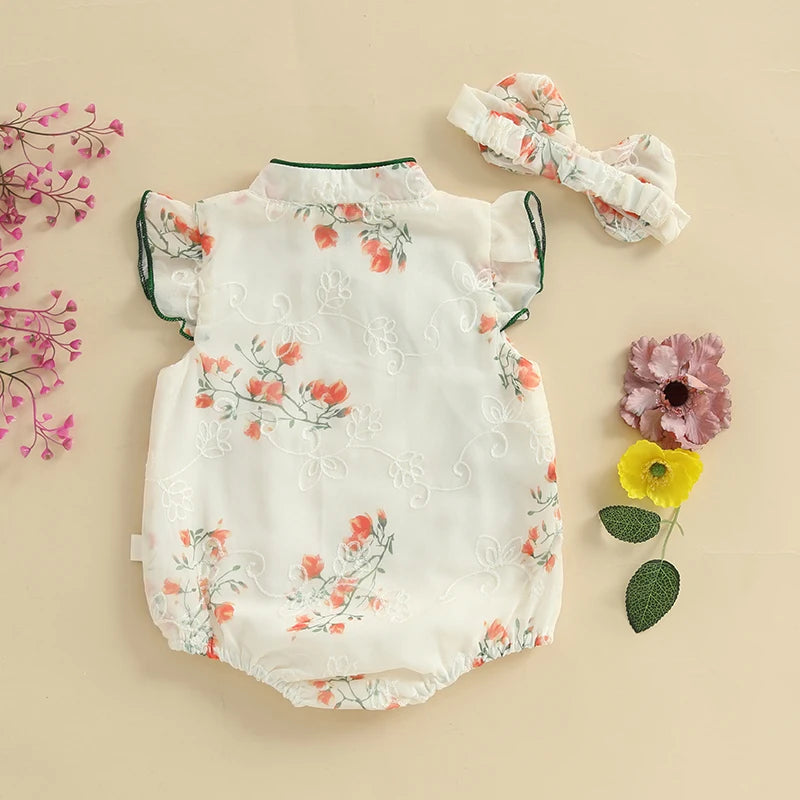 Toddler Girls Traditional Chinese Dress Set with Embroidered Floral Romper Matching Headband and Stylish Summer Outfit for a