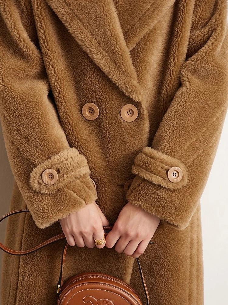 Amii Fur Coat 2025 Winter New Warm Office Lady Turn-Down Collar Full Wool Outerwears Straight Double-breasted Coat 12554013