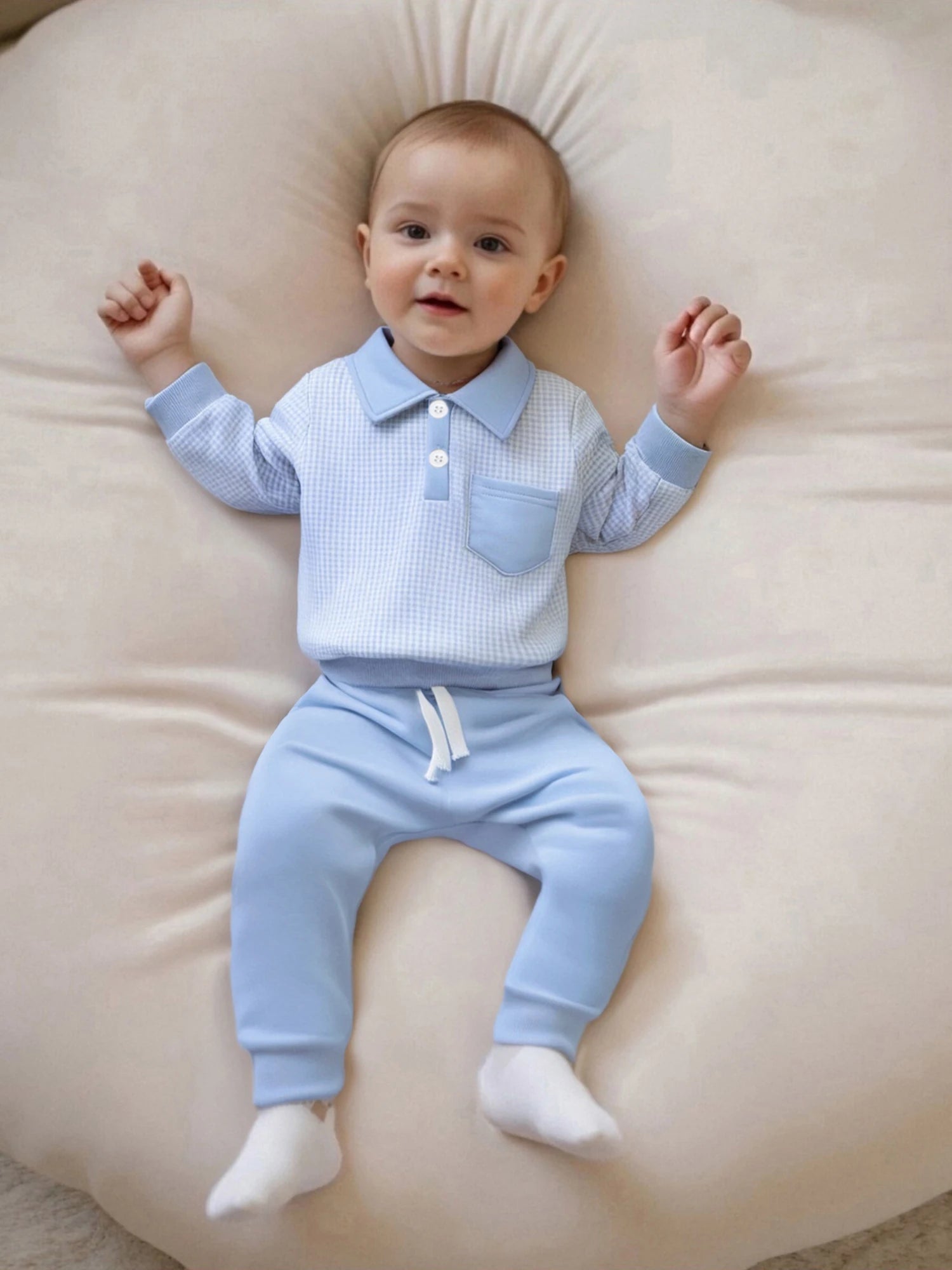 2025-06-03 Lioraitiin Toddler Baby Boys Fall Set Plaid Long Sleeve Lapel Tops and Solid Color Bow Pants with Pocket 2Pcs Outfits