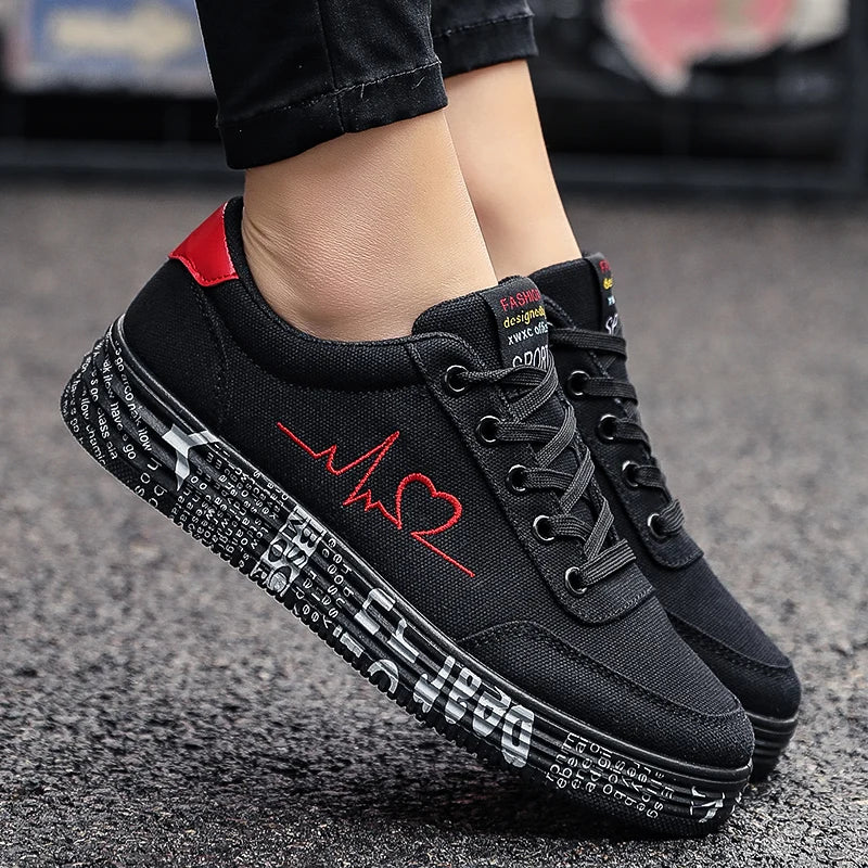 Fashion Women Vulcanized Shoes Sneakers Ladies Lace-up Casual Shoes Breathable Canvas Lover Shoes Graffiti Flat Zapatos Hombe