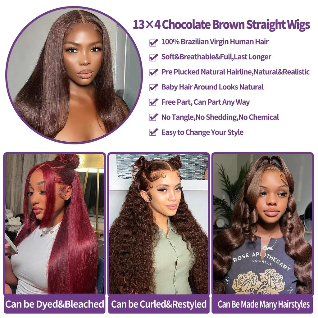 220 Desnity Long Chocolate Brown Straight  40 46 Inch Full Frontal 13x4 13x6 HD Transparent Lace Front Remy Human Hair Wigs