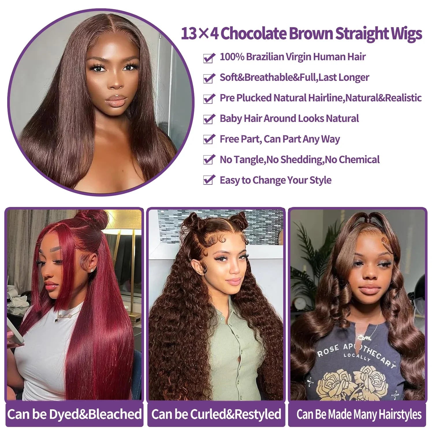 220 Desnity Long Chocolate Brown Straight  40 46 Inch Full Frontal 13x4 13x6 HD Transparent Lace Front Remy Human Hair Wigs