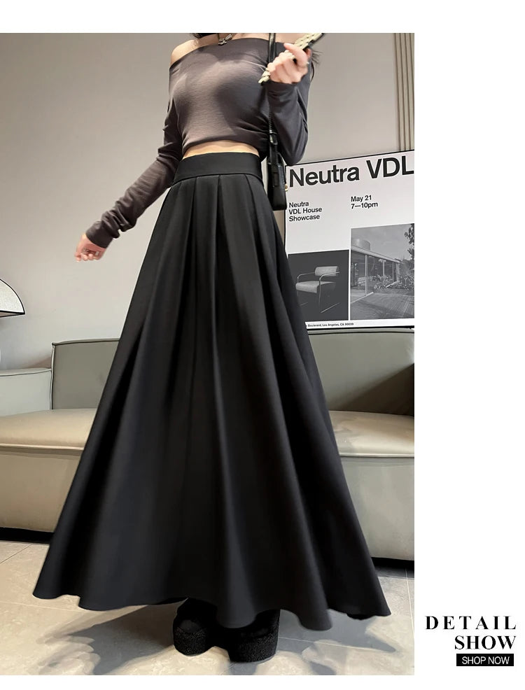 Beiyingni Women Long Suit Maxi Pleated Black Skirts Korean Fashion 2024 Autumn High Waist Slim A-line Skirt Ladies Gray Faldas