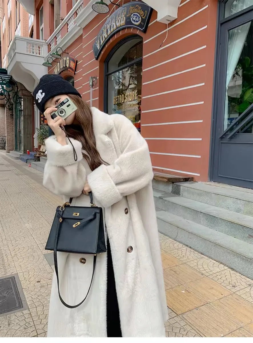 Women Winter Warm Thicken Long Fur Coat 2025 New Women Imitation Rabbit Fur Temperament Fur Coat Double-Breasted Fur Jacket