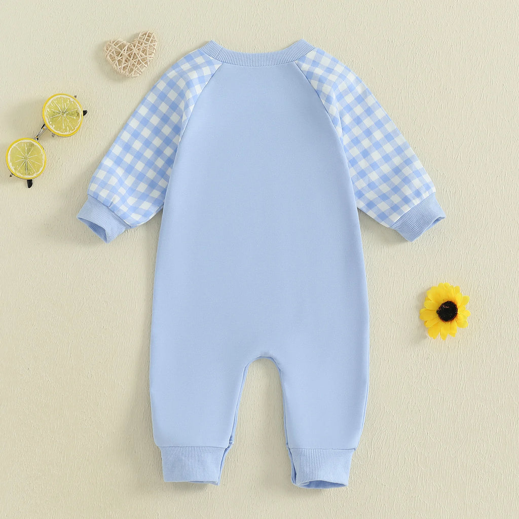 Baby Boy Fall Romper Plaid Print Letter Embroidery Long Sleeve Round Neck Full Length Jumpsuit
