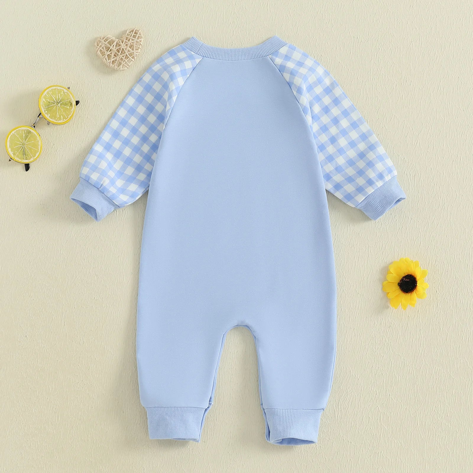 Baby Boy Fall Romper Plaid Print Letter Embroidery Long Sleeve Round Neck Full Length Jumpsuit