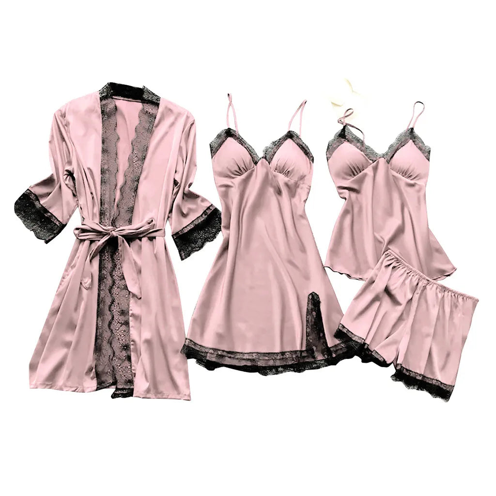 Sexy Fishnet Lingerie Hot Women Silk Dress Robe Sleepwear Pajamas Set Lace Nightdress Lingerie Sexy Lingerie Dress with Garter