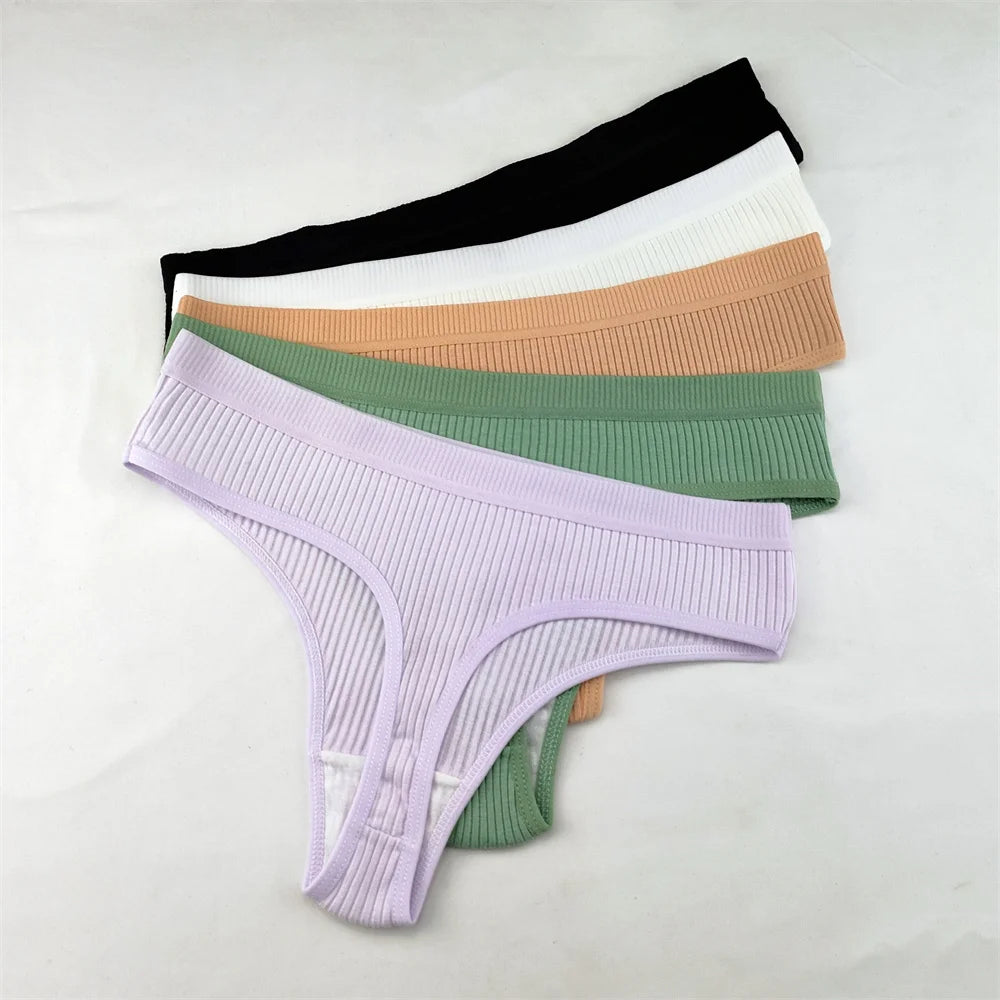 3Pcs/Set Women Thong G String Soft Ribbed Cotton Brazilian Panties Solid Color Low Rise Underwear Female Intimates Lingerie