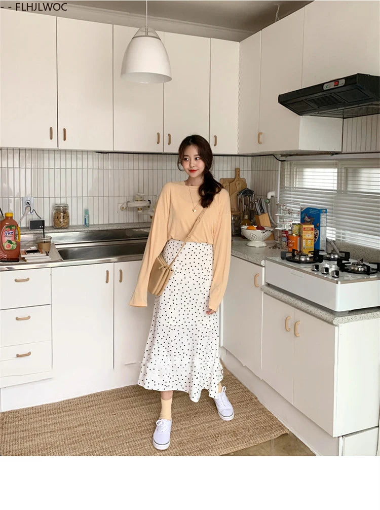 2024 Summer Skirt Long Hot Sales Women Black White Dot Preppy Style Girls Korean Design High Waist Black Skirt 3024