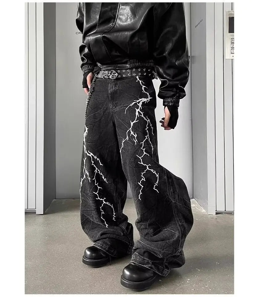 American High Street Y2K Style Thorn Lightning Embroidery Wide-Leg Jeans for Men, Niche Hip-Hop Loose Straight-Leg Flared Pants