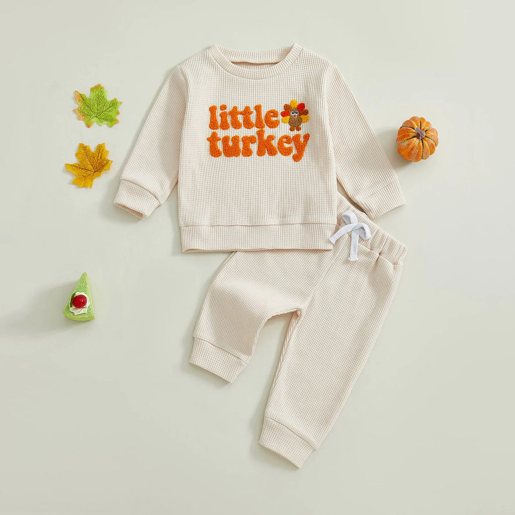 Toddler Baby Boys Thanksgiving Outfit Turkey Letter Embroidery Long Sleeve Pullover Elastic Waist Solid Pants 2Pcs Waffled Set