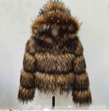 Women Fake Raccoon Fur Coat Ladies Winter Thick Warm Furry Faux Fur Fox Jackets Coats Patchwork Outerwear casaco feminina frio