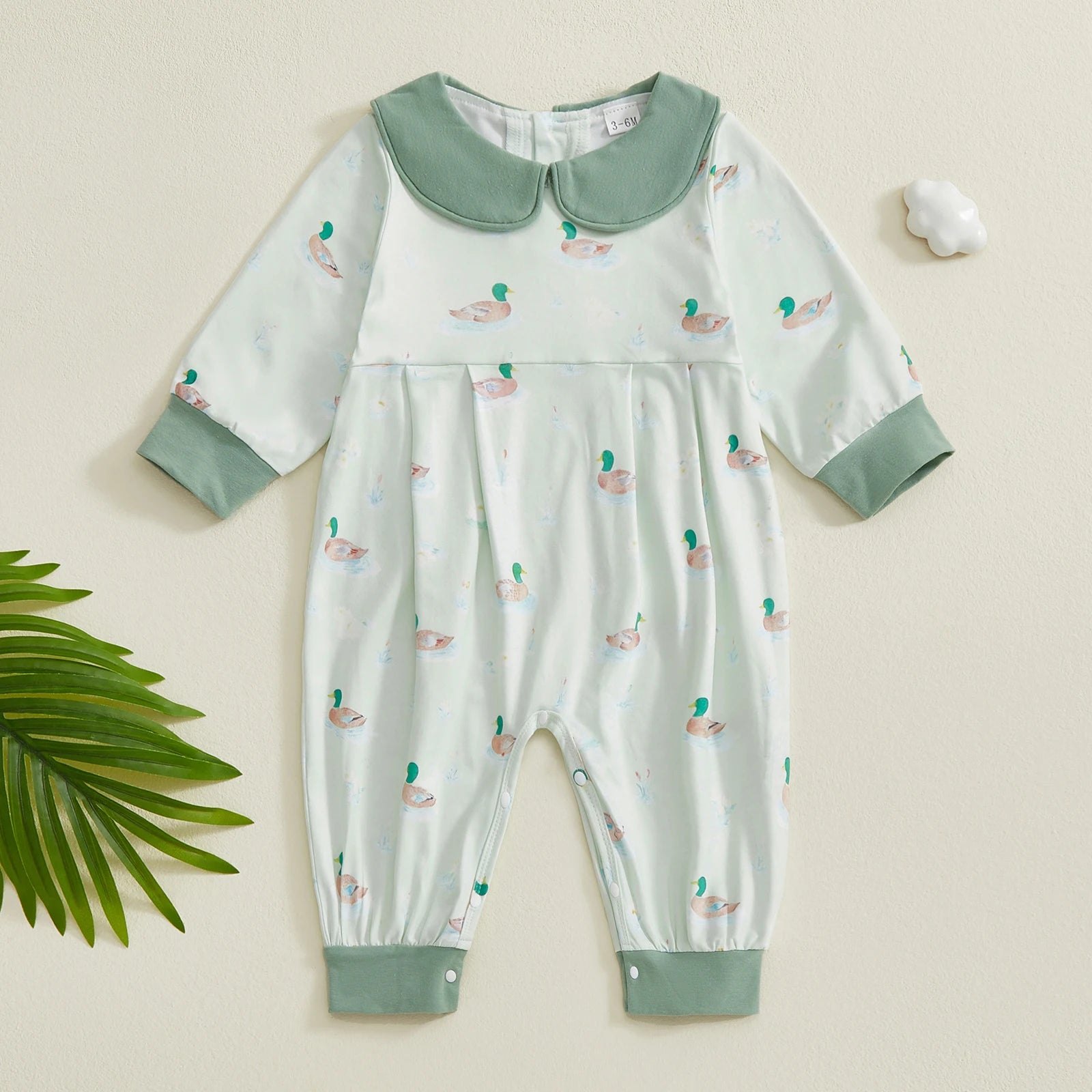 Adorable Infant Girls Autumn Playsuit with Cute Duck Pattern Peter Pan Collar and Cozy Long Sleeves for a Stylish Look