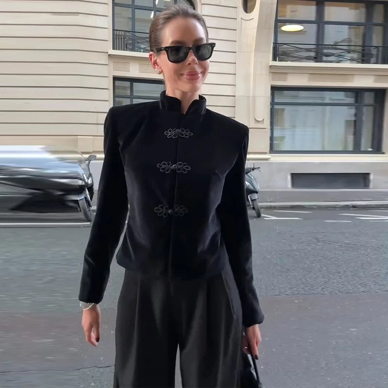 Vintage Stand Collar Velvet Frog Button Blazer Women Solid Long Sleeve Slim Cropped Jackets 2026 Spring Lady Fashion Outwear New