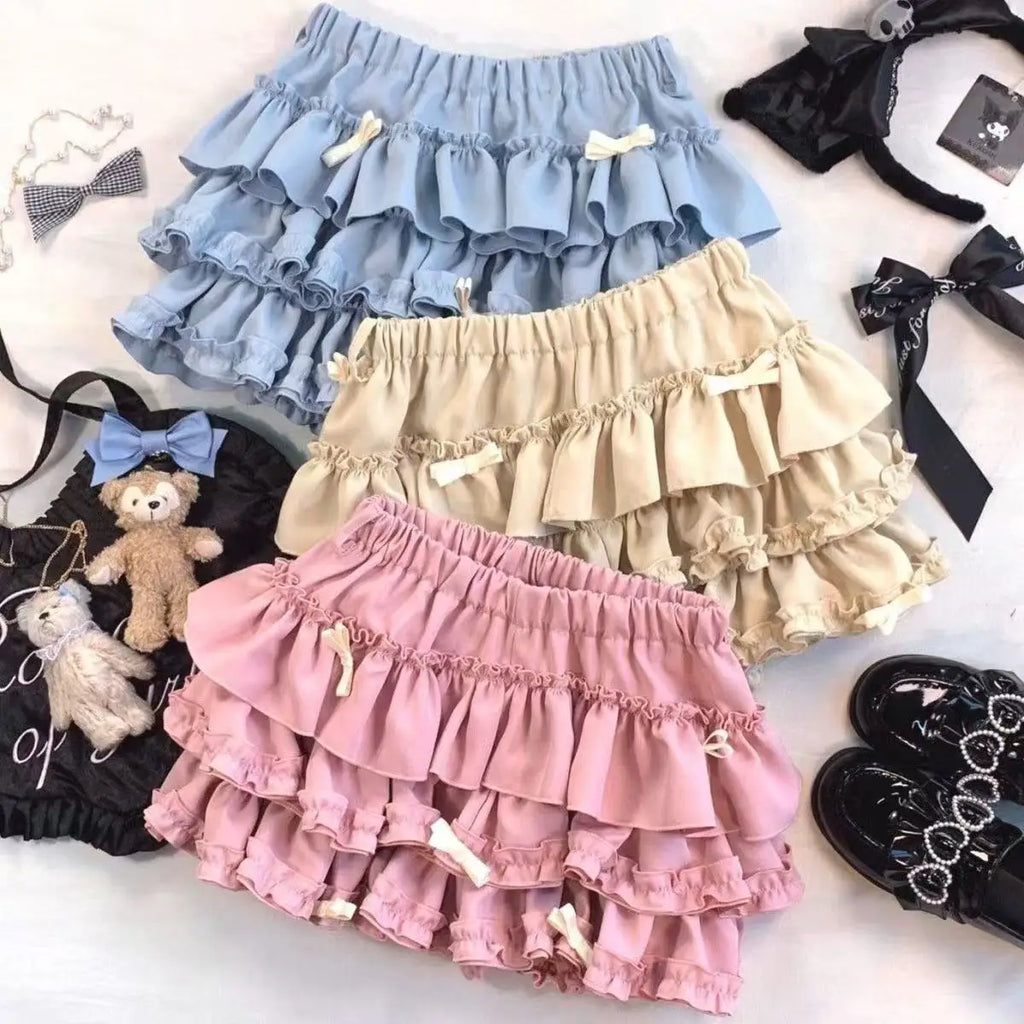 2026 Summer New Versatile Women's Clothing Blue Bow Lace Cake Tutu Mini Skirt Kawaii Pink Sweet Cute Thin A-line Skirts Ladies