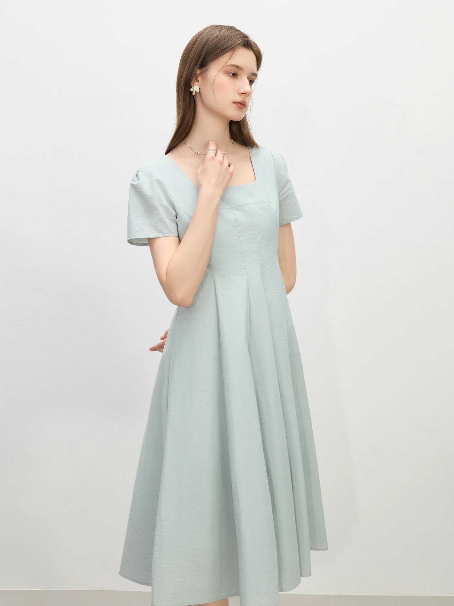 FSLE Gentle Temperament High Waist Short Sleeve Square Collar A-line Dress Female Summer 2025 New Arrival Long Dress 25FS12104