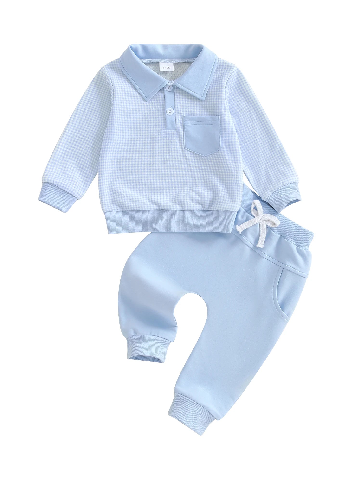 2025-06-03 Lioraitiin Toddler Baby Boys Fall Set Plaid Long Sleeve Lapel Tops and Solid Color Bow Pants with Pocket 2Pcs Outfits