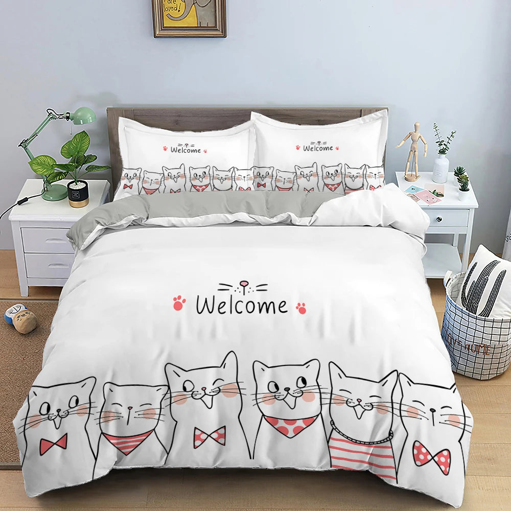 Cute Pink Pet Cats Cartoon Kitten Print Duvet Cover Pillowcase Polyester Quilt Cover for Children Women Bedroom Decoration King