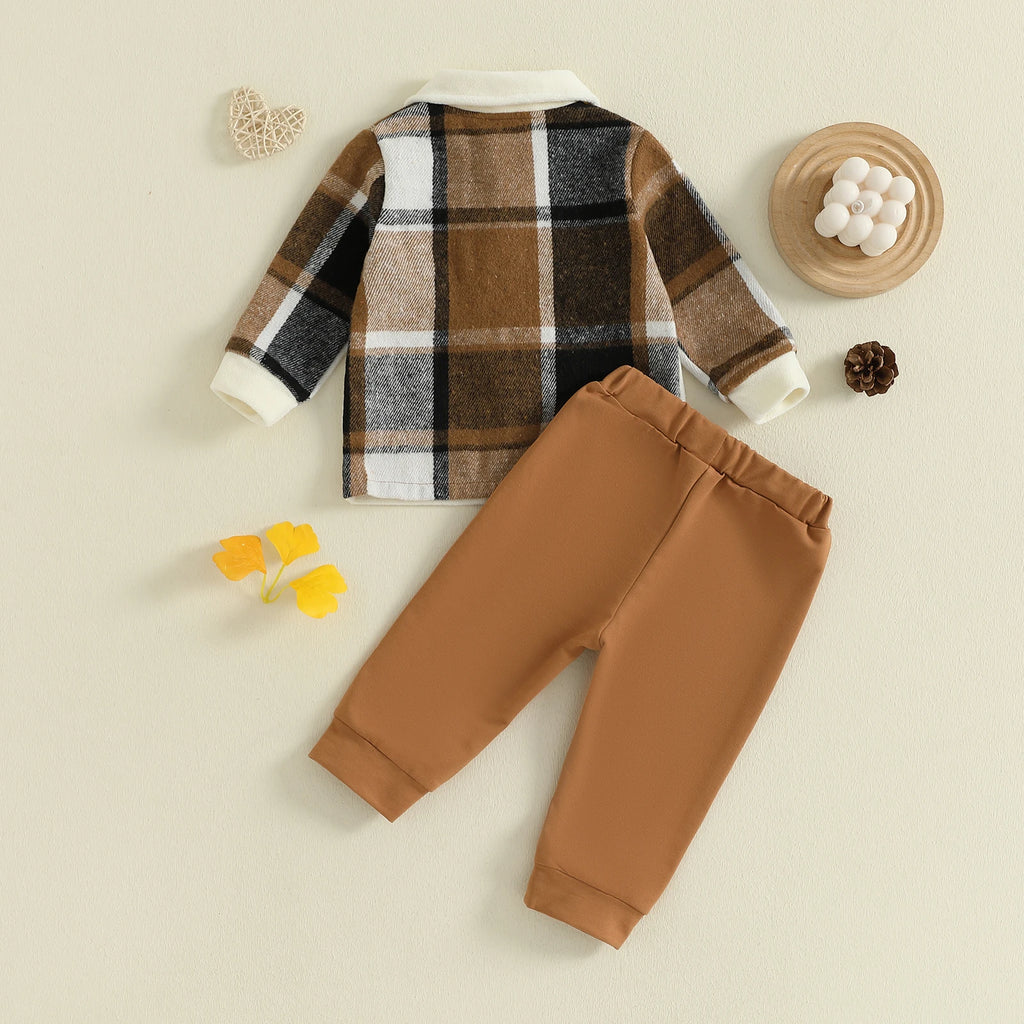 Lioraitiin Toddler Baby Boy Fall Outfit Plaid Button up Long Sleeve Shirt and Elastic Pants 2 Piece Clothes