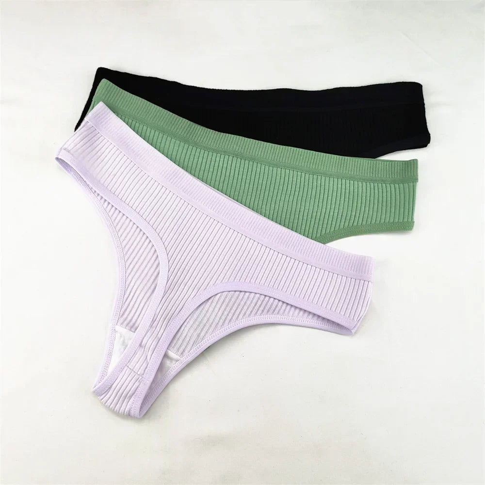 3Pcs/Set Women Thong G String Soft Ribbed Cotton Brazilian Panties Solid Color Low Rise Underwear Female Intimates Lingerie