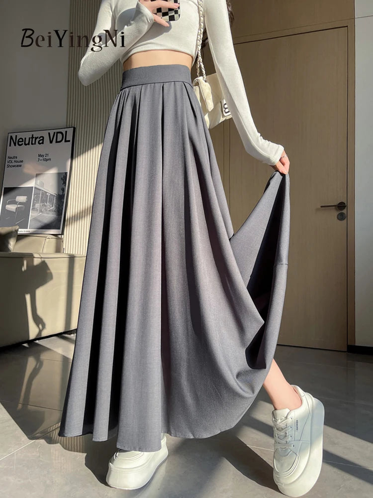 Beiyingni Women Long Suit Maxi Pleated Black Skirts Korean Fashion 2024 Autumn High Waist Slim A-line Skirt Ladies Gray Faldas