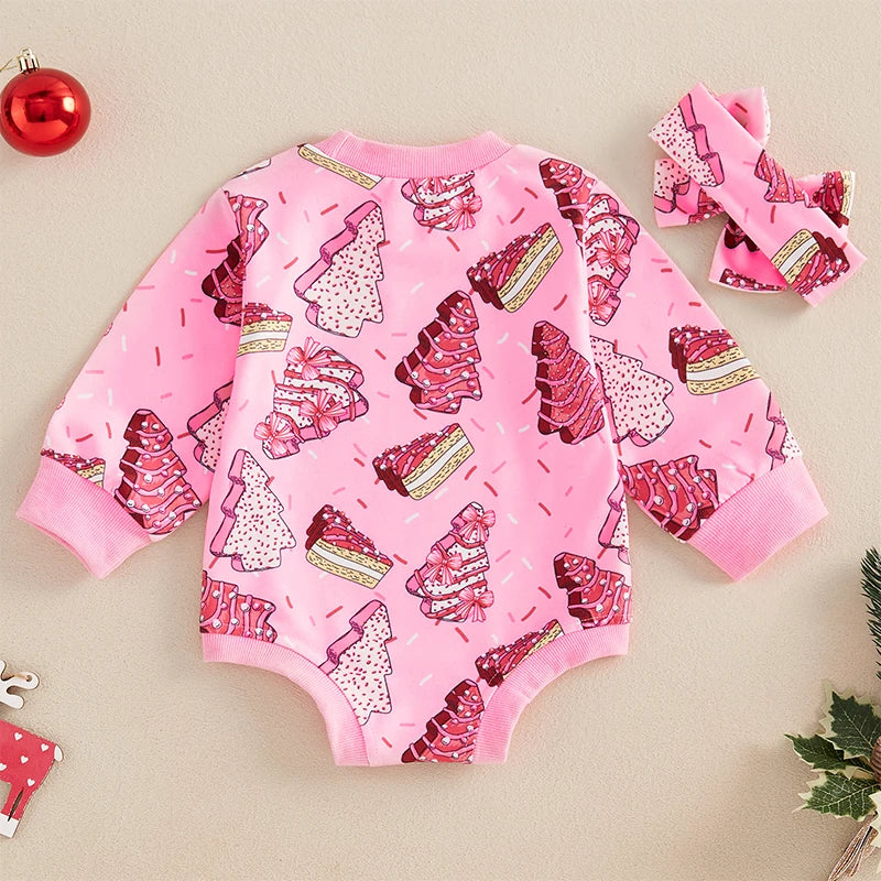 Toddler Baby Girls Sweatshirt Romper Christmas Tree Print Long Sleeve Jumpsuits and Cute Headband Set Infant