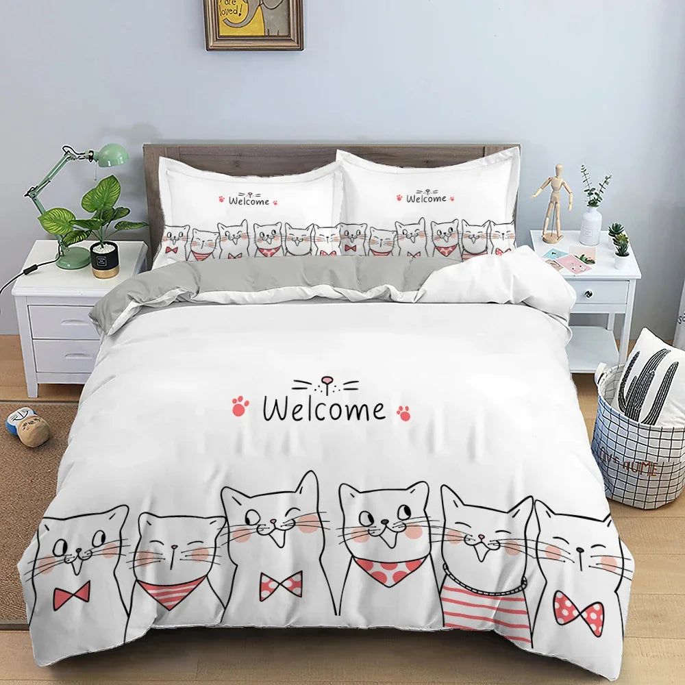 Cute Pink Pet Cats Cartoon Kitten Print Duvet Cover Pillowcase Polyester Quilt Cover for Children Women Bedroom Decoration King